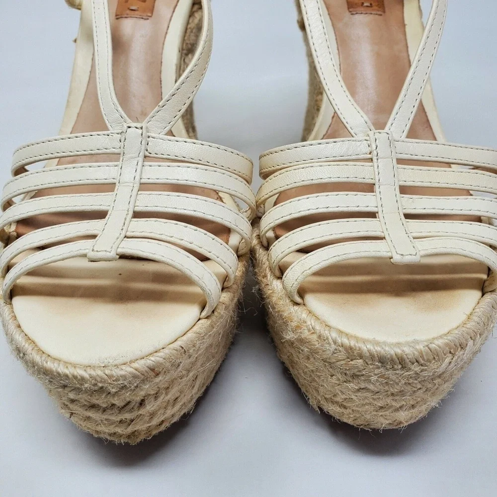 Schutz Gianne Size 8 Leather Espadrille Platform Wedge Cage Sandal Cream